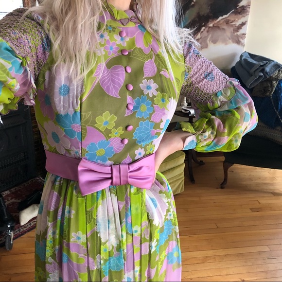 SOLD 70’s Style Bright Floral Disco Maxi Dress - Picture 2 of 8